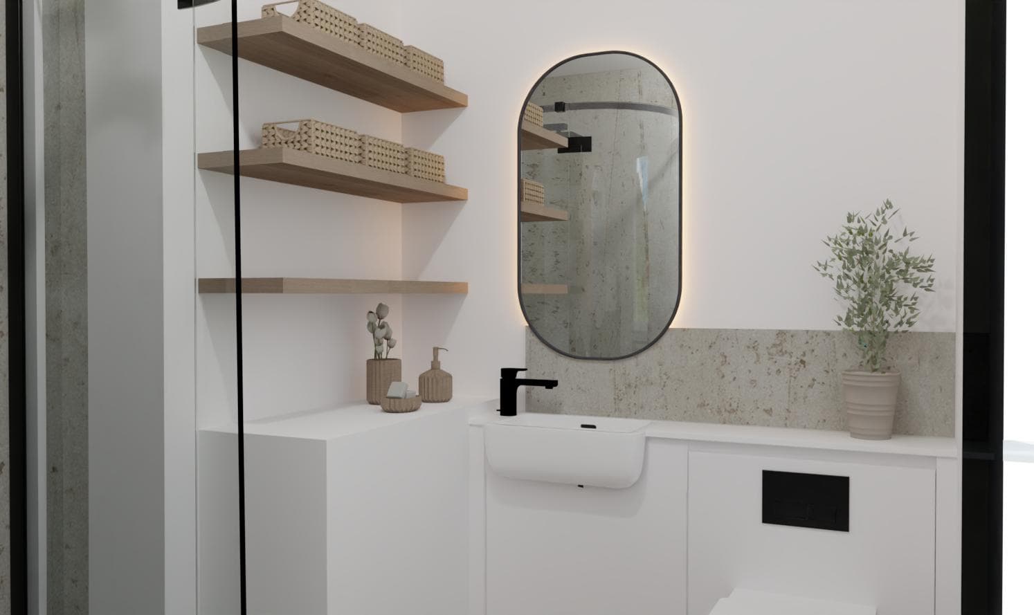 Minimalist bathroom with light wood shelves holding woven baskets, a large oval mirror with backlighting, a small white basin, black tap, soap dispenser, potted plants, and light-coloured walls and countertop.