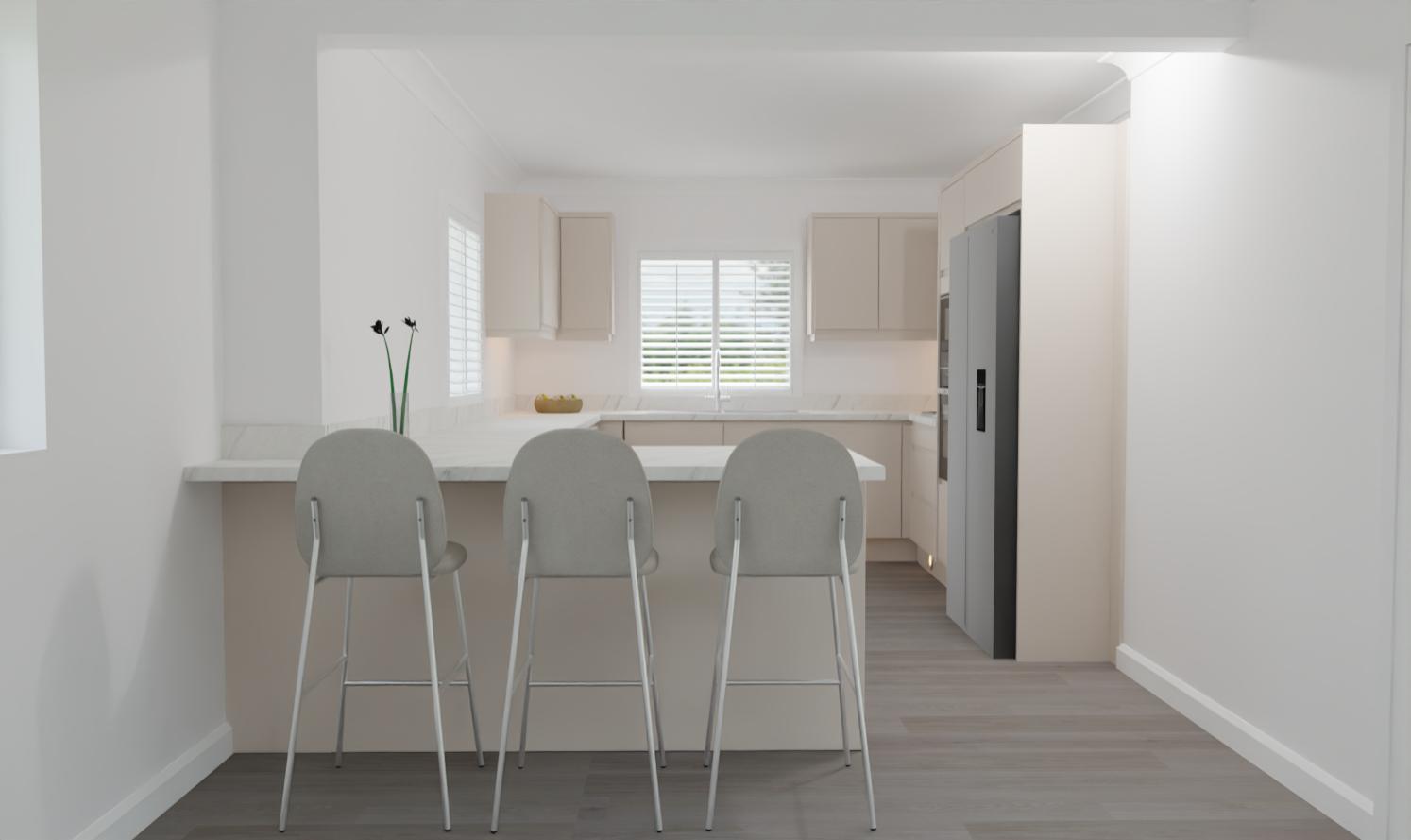 A modern, minimalistic kitchen with light-coloured cabinets, a marble worktop, three grey barstools, a vase with two flowers, a fruit bowl, a large fridge, and windows letting in natural light.