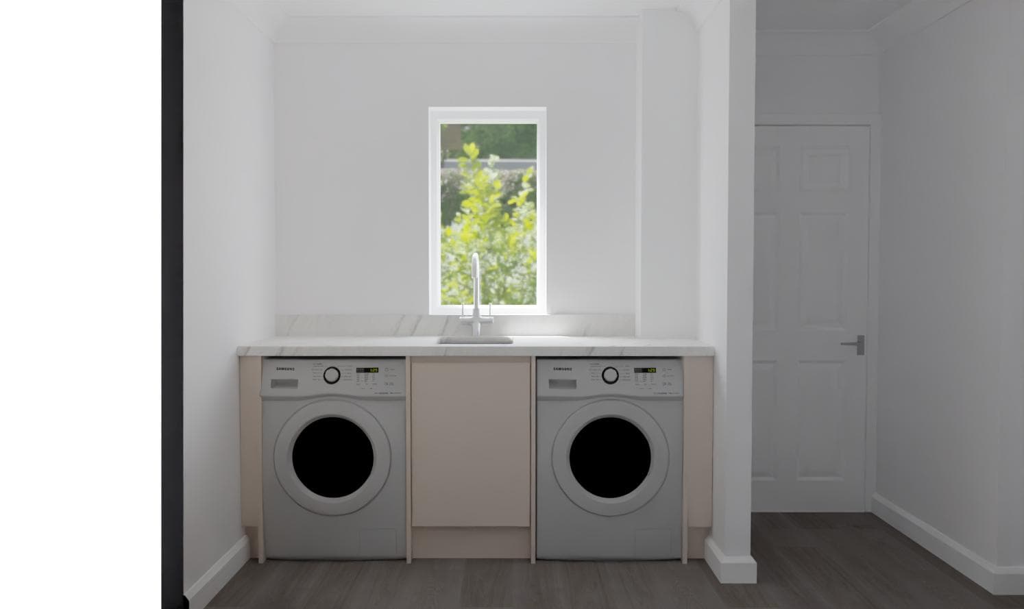 Modern laundry room with a washing machine and tumble dryer under a white worktop, a sink in between, a small window above letting in light, and white walls with dark flooring.