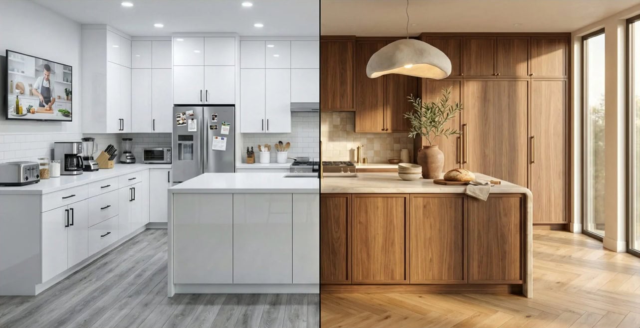 Split image showing two kitchens: the left side features a modern white kitchen, while the right side shows a warm wooden kitchen with natural light and wooden cupboards.