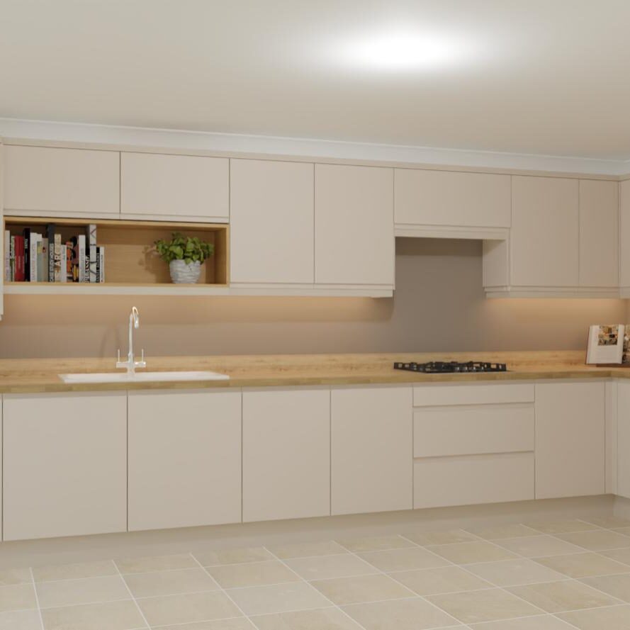 Modern kitchen with beige cupboards, light wood worktops, built-in oven and microwave, sink, gas hob, shelves with books, a plant, and jars on the right. Large floor tiles and white walls create a bright look.