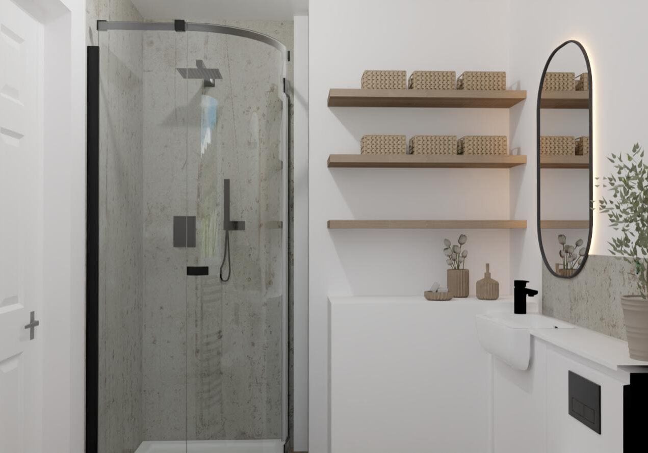Modern bathroom with a glass-enclosed shower, two wooden shelves holding wicker baskets, an oval mirror above a white basin, and a potted plant on the worktop. The decor is minimalistic and neutral-toned.