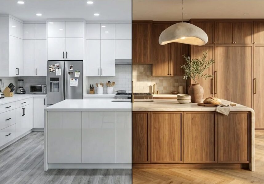 Split image showing two kitchens: the left side features a modern white kitchen with sleek cupboards; the right side has a warm wood kitchen with natural tones, wooden cupboards, and soft, natural lighting.